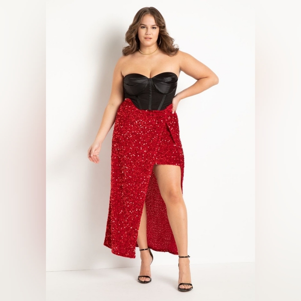 Eloquii Red Sequin Twist Detail Maxi Skirt